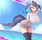  1girl anchor_hair_ornament arm_under_breasts black-framed_eyewear black_footwear blowhole blue_eyes blue_hair blue_whale_(kemono_friends) boots breasts cetacean_tail dorsal_fin dress glasses grey_sweater hair_ornament highres huge_breasts japari_symbol kemono_friends kemono_friends_3 looking_at_viewer multicolored_hair ocean one_eye_closed ribbed_dress ribbed_sweater semi-rimless_eyewear short_dress solo sweater sweater_dress takebi thigh_boots turtleneck two-tone_hair 