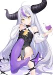  1girl ahoge ascot black_dress black_nails braid cup demon_girl demon_horns detached_sleeves dress drinking_glass flat_chest highres holding holding_cup hololive horns la+_darknesss long_hair looking_at_viewer multicolored_hair nail_polish nyori pointy_ears purple_hair purple_legwear side_braid simple_background single_leg_pantyhose sitting solo streaked_hair striped_horns tail very_long_hair virtual_youtuber white_background white_hair white_sleeves wine_glass yellow_ascot yellow_eyes 