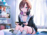  1girl apex_legends bed black_sweater blue_eyes blue_necktie blue_skirt breasts brown_hair cleavage collarbone commentary_request crypto_(apex_legends) curtains highres indoors kneehighs long_hair necktie nekoyashiki_pushio nintendo_switch open_clothes original playing_games shirt sitting skirt solo sweater switch television white_legwear 
