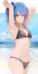  1girl absurdres armpits arms_up beach bikini blue_eyes blue_hair blue_ribbon breasts eyebrows_visible_through_hair grey_bikini hair_ribbon highres hololive hoshimachi_suisei long_hair looking_at_viewer navel ocean parted_lips plaid plaid_bikini ribbon side_ponytail sidelocks small_breasts solo stomach swimsuit virgo76612871 virtual_youtuber water 