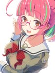  1girl absurdres ahoge blush collarbone eyebrows_visible_through_hair glasses green_hair grey_sailor_collar highres juliet_sleeves kantai_collection koumei_(twinameless) long_sleeves multicolored_hair open_mouth orange_eyes pink-framed_eyewear pink_hair puffy_sleeves sailor_collar short_hair simple_background smile solo ume_(kancolle) upper_body white_background 