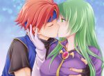  1boy 1girl breast_grab cecilia_(fire_emblem) closed_eyes eyebrows_visible_through_hair fingerless_gloves fire_emblem fire_emblem:_the_binding_blade gloves grabbing green_eyes green_hair ham_pon headband highres kiss long_hair red_hair roy_(fire_emblem) short_hair short_sleeves white_gloves 