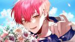  1boy absurdres bangs blue_sweater brown_eyes chanms cloud cpt_(crazy_raccoon) crazy_raccoon flower grey_jacket hair_behind_ear hair_between_eyes highres jacket male_focus open_mouth portrait red_hair ribbed_sweater sky sleeves_past_wrists smile solo sweater white_flower 