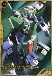  blue_eyes character_name flying glowing glowing_eyes gun gundam gundam_00 gundam_arsenal_base gundam_dynames holding holding_gun holding_weapon looking_up mecha no_humans official_art open_hand solo v-fin weapon yanase_takayuki 