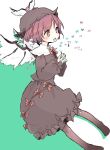 1girl adapted_costume animal_ears bird_ears bird_wings blush brown_dress brown_headwear brown_legwear dated dress eighth_note eyebrows_visible_through_hair fingernails frilled_sleeves frills green_nails long_fingernails long_sleeves m_(m073111) musical_note mystia_lorelei nail_polish one-hour_drawing_challenge open_mouth pink_eyes pink_hair sharp_fingernails short_hair signature solo thighhighs touhou white_wings winged_hat wings 