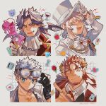  4boys apple bandaid bandaid_on_cheek bandaid_on_face black_gloves blonde_hair blue_eyes blush checkered_background chest_tattoo claude_(housamo) commentary_request demon_horns emoji facial_hair fangs fangs_out flower food formal fruit gem_(symbol) gloves goatee goggles goggles_on_head gomoku_(gomoku418) green_eyes grey_background hair_intakes hair_strand hair_wings hat heart highres horns isaac_(housamo) jabot jacket jewelry laurel_crown lightning_bolt_symbol long_hair long_sideburns looking_at_viewer lucifuge_(housamo) male_focus mature_male multiple_boys muscular muscular_male open_mouth portrait purple_liquid rainbow red_hair red_jacket ring rose shirt short_hair sideburns smile sticker suit tattoo thick_eyebrows tokyo_afterschool_summoners top_hat tuaring_(housamo) upper_body white_hair white_headwear white_suit wings wrench yellow_eyes 