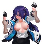  1girl ach_(zjakskwdf) bangs black_gloves black_legwear blue_archive blue_eyes blush breasts breasts_out closed_mouth collarbone commentary_request cowboy_shot dress_shirt eyebrows_visible_through_hair forehead gloves half_gloves hands_up highres jacket long_hair looking_away multicolored_eyes naked_shirt no_bra open_clothes open_jacket open_shirt parted_bangs pov pov_hands puffy_nipples purple_eyes purple_hair shirt simple_background two_side_up wavy_mouth white_background white_shirt yuuka_(blue_archive) 