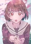  1girl :o absurdres bangs blush brown_eyes brown_hair buttons cherry_blossoms cupping_hands eyebrows_visible_through_hair falling_petals highres holding_button long_sleeves naimaze_atakamo neckerchief open_mouth original petals school_uniform second_button serafuku short_hair solo tree wind 