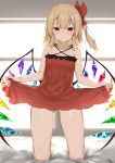  1girl ass_visible_through_thighs bangs bare_arms bare_shoulders blonde_hair blush bow clothes_lift collarbone commentary_request crystal dress dress_lift eyebrows_visible_through_hair flandre_scarlet hair_between_eyes highres kashiwagi_yamine kneeling lifted_by_self long_hair looking_at_viewer no_panties pussy_juice red_bow red_dress red_eyes red_ribbon ribbon side_ponytail smile solo spaghetti_strap thighs touhou wings 