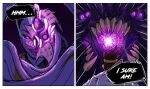  1boy 1girl absurdres astrodid bangs bel&#039;veth closed_mouth colored_skin draven english_text from_behind hair_ornament hair_up highres league_of_legends looking_at_another looking_at_viewer monster open_mouth pink_eyes purple_skin sharp_teeth speech_bubble teeth 