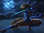  4:3 ailurid anthro blue_eyes breasts camel_toe clothing cloud crouching digital_media_(artwork) female general-irrelevant grass hair holding_object holding_sword holding_weapon looking_at_viewer mammal melee_weapon moon night outside plant red_panda smile solo sword topwear weapon 