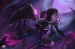  1girl absurdres artist_name bangs black_bodysuit blurry blurry_background bodysuit breasts commentary cowboy_shot english_commentary facial_mark geus_(just_geus) glowing highres kai&#039;sa large_breasts league_of_legends long_hair long_sleeves looking_at_viewer parted_bangs pink_eyes purple_hair shiny shiny_hair solo tentacles upper_body wings 