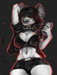  3:4 anthro big_breasts black_bottomwear black_clothing black_hair black_jacket black_shorts black_topwear bodily_fluids bottomwear breasts clothing collar digital_media_(artwork) ear_piercing ear_ring female food fur general-irrelevant grey_body grey_fur hair hand_behind_head hi_res holding_food holding_object jacket mammal murid murine navel piercing punk rat red_eyes rodent saliva saliva_string shorts simple_background smile solo spiked_collar spikes topwear 