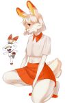  2019 absurd_res anthro barefoot blush bottomwear clothing crouching digital_media_(artwork) feet female fur hair hi_res hindpaw lagomorph leporid looking_at_viewer mammal navel nintendo orange_bottomwear orange_clothing orange_skirt paws pok&eacute;mon pok&eacute;mon_(species) rabbit scorbunny shaded simple_background skirt tealsick topwear video_games white_background white_body white_clothing white_fur white_hair white_topwear yellow_inner_ear 