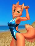  2022 3:4 5_fingers absurd_res anthro beach blue_clothing blue_topwear canid canine clothing diane_foxington dreamworks female fingers fox green_eyes hi_res looking_at_viewer mammal mykegreywolf one-piece_swimsuit pose sand sea seaside sky smile solo sport_swimsuit swimwear the_bad_guys topwear water 
