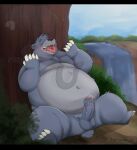  2022 96panda anthro balls baloo belly big_belly blush detailed_background erection eyes_closed genitals hi_res humanoid_genitalia humanoid_penis kemono male male/male mammal outside overweight overweight_male penis sitting solo_focus the_jungle_book ursid waterfall 