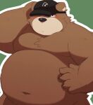  2022 96tning anthro belly big_belly blush clothing green_background hat headgear headwear humanoid_hands kemono male mammal moobs navel overweight overweight_male simple_background solo ursid 