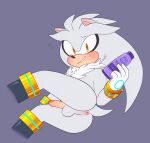  absurd_res amber_eyes anthro anus backsack balls blush bodily_fluids boots butt chest_tuft clothing erection eulipotyphlan footwear fur genitals gloves grey_body handwear hedgehog hi_res looking_at_viewer lube lube_bottle lying male mammal on_side penis presenting presenting_hindquarters sega silver_the_hedgehog silveroppai simple_background smile solo sonic_the_hedgehog_(series) sweat tuft white_body white_fur 