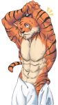  2022 5_fingers abs anthro athletic athletic_anthro athletic_male bare_chest beastars bengal_tiger bill_(beastars) black_nose black_stripes felid fingers fur hi_res humanoid_hands looking_at_viewer male mammal multicolored_body multicolored_fur muscular muscular_anthro muscular_male navel nipples one_eye_closed orange_body orange_fur pantherine pecs shirtless solo stretching striped_body striped_fur stripes teseirei tiger towel towel_only two_tone_body two_tone_fur whiskers white_body white_fur 