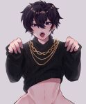  1boy ahoge blue_eyes chain chain_necklace clothes_lift crop_top earrings fridaysmiles highres indie_virtual_youtuber jewelry long_hair male_focus necklace open_mouth purple_hair shirt_lift short_hair shoto_(vtuber) solo stomach sweater tongue virtual_youtuber 