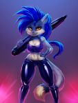  2022 3:4 anthro blue_body blue_fur blue_hair canid canine countershading digital_media_(artwork) female fox fur general-irrelevant hair hand_on_hip hi_res holding_object holding_pen latex_pants mammal navel pen rubber simple_background smile solo white_body white_countershading white_fur wide_hips yellow_eyes 