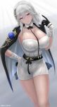  1girl absurdres alternate_costume archstreal azur_lane bangs black_cape black_gloves blue_eyes blush breasts cape cleavage collarbone detached_collar dress gloves highres large_breasts long_hair looking_at_viewer short_dress smile solo thighs washington_(azur_lane) white_dress white_hair 