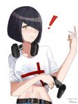  ! artist_name bangs belt black_hair blush bob_cut breasts controller diagonal_bangs game_controller gamepad headset headset_removed komi-san_wa_komyushou_desu medium_breasts midriff nakanaka_omoharu one_eye_covered shirt short_hair simple_background t-shirt tinaika white_background white_shirt yellow_eyes 