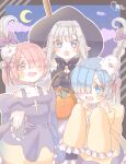  3girls alternate_costume bangs bare_shoulders basket black_gloves black_headwear blue_eyes blue_hair blush bow cloud collarbone crescent_moon earrings emilia_(re:zero) frilled_sleeves frills ghost gloves grey_hair hair_bow hair_ornament hair_ribbon halloween_bucket highres holding holding_basket jewelry kikuno_tsumiki moon multiple_girls night open_mouth outline pink_ribbon pointy_ears ram_(re:zero) re:zero_kara_hajimeru_isekai_seikatsu red_hair rem_(re:zero) ribbon tongue tongue_out white_outline x_hair_ornament 