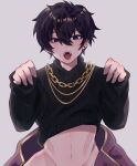  1boy ahoge blue_eyes chain chain_necklace clothes_lift crop_top earrings fridaysmiles highres indie_virtual_youtuber jewelry long_hair male_focus necklace open_mouth purple_hair shirt_lift short_hair shoto_(vtuber) solo stomach sweater tongue virtual_youtuber 