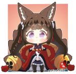  1girl :&gt; amagi-chan_(azur_lane) animal_ears azur_lane bangs bell black_legwear blunt_bangs blush brown_hair chibi commentary_request eyebrows_visible_through_hair eyeshadow fox_ears fox_girl fox_tail full_body hair_ornament hitodama kyuubi long_hair long_sleeves looking_at_viewer makeup multiple_tails off-shoulder_kimono pantyhose purple_eyes rope shimenawa sidelocks signature simple_background sleeves_past_wrists smile solo standing tail taisa_(kari) thick_eyebrows twintails twitter_username two-tone_background 
