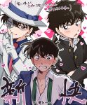  3boys :o absurdres bangs black_jacket blue_jacket blush brown_hair buttons closed_mouth collared_shirt crossed_arms edogawa_conan green_necktie grey_shirt hat heart highres jacket kaitou_kid kuroba_kaito looking_at_viewer meitantei_conan messy_hair monocle multiple_boys necktie open_clothes open_jacket seishideriumu shirt short_hair smile sweat top_hat translation_request undone_necktie upper_body white_jacket yaoi 