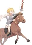  1girl armor blonde_hair brown_footwear cape don_quixote_(limbus_company) highres holding horse horseback_riding lance limbus_company love_mintchoco open_mouth pants polearm project_moon riding saddle short_hair striped striped_pants weapon white_background 