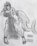  absurd_res anthro big_breasts boo_be_drawing bracelet breasts clothed clothing dress facial_piercing female fish flipsie footwear hair hi_res high_heels jewelry looking_at_viewer marine monochrome necklace nose_piercing nose_ring piercing seductive septum_piercing shark short_hair slightly_muscular smile solo stripes traditional_media_(artwork) 