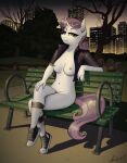  aged_up anthro apocheck13 areola breasts city city_background clothing crossed_legs female footwear footwear_only friendship_is_magic hasbro hi_res jacket_only looking_at_viewer mostly_nude my_little_pony navel night nipples nude park_bench plant shoes shoes_only sitting smile solo sweetie_belle_(mlp) tree 