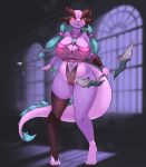  absurd_res anthro areola arrow big_breasts blush bow_(weapon) breasts catree clothed clothing dragon female fur genitals hair hi_res holding_object horn looking_at_viewer pussy ranged_weapon smile solo weapon wingless_dragon 