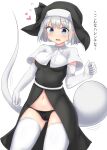  1girl alternate_costume black_panties blue_eyes blush breasts cameltoe capelet elbow_gloves eyebrows_visible_through_hair gloves habit hair_ornament hat heart highres hitodama konpaku_youmu konpaku_youmu_(ghost) navel nun open_mouth panties short_hair solo thighhighs touhou translation_request underwear white_gloves white_legwear youmu-kun 