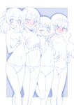  4girls ;q bangs blue_theme blunt_bangs blush bob_cut bow bow_panties breasts commentary crotch_seam delicious_party_precure double_vertical_stripe eyebrows_visible_through_hair frown fuwa_kokone hair_bow hair_ornament hairclip hanamichi_ran highres kasai_amane leg_up long_hair looking_at_viewer medium_hair miyagoe_yoshitsuki monochrome multiple_girls nagomi_yui navel nipples one_eye_closed open_mouth outside_border panties precure short_hair side-by-side small_breasts smile spot_color standing standing_on_one_leg tongue tongue_out topless underwear underwear_only 
