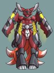  3_fingers anthro armor bandai_namco canid canine digimon digimon_(species) energy female fingers fox fur furball_(artist) guilmon headgear helmet hybrid mammal markings mech_suit multicolored_body multicolored_fur one_eye_obstructed raelmon red_body red_tail solo taihoumon two_tone_body two_tone_fur two_tone_tail white_tail 