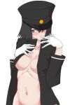  1girl absurdres akitsu_maru_(kancolle) biting black_eyes black_hair black_jacket blush breasts breasts_apart cowboy_shot glove_biting gloves groin hair_between_eyes hand_on_own_chest hat_over_one_eye highres jacket kantai_collection kimuwaipu medium_breasts medium_hair military military_uniform navel no_bra no_panties solo uniform white_background white_gloves 