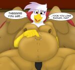  2022 absurd_res anthro areola avian beak bean_bag belly big_belly big_breasts breasts brown_body brown_feathers brown_fur camel_toe clothed clothing dialogue feathered_wings feathers female friendship_is_magic fur gilda_(mlp) gryphon hi_res multicolored_body multicolored_feathers muscular muscular_female my_little_pony mythological_avian mythology navel navel_piercing navel_poke nipples outie_navel panties piercing pregnant pregnant_growth purple_body purple_feathers sitting solo speech_bubble thick_thighs topless underwear undyingwolf white_body white_feathers wings yellow_eyes 