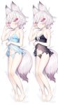  1girl animal_ear_fluff animal_ears babydoll bangs bare_arms bare_legs bare_shoulders barefoot bed_sheet black_babydoll black_panties blue_babydoll blush bow bow_panties bra breasts closed_mouth collarbone dakimakura_(medium) eyebrows_visible_through_hair fox_ears fox_girl fox_tail full_body hair_ornament hairclip highres lace-trimmed_panties lace_trim lingerie looking_at_viewer lying minutachi multiple_views navel on_back panties phase_connect purple_eyes short_hair side-tie_panties small_breasts tail tenma_maemi underwear underwear_only virtual_youtuber white_hair 