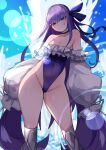 1girl absurdres blue_choker blue_ribbon blue_swimsuit choker english_commentary fate/grand_order fate_(series) feet_out_of_frame grin highleg highleg_swimsuit highres lens_flare lightsource long_hair looking_at_viewer meltryllis_(fate) meltryllis_(swimsuit_lancer)_(fate) off-shoulder_one-piece_swimsuit off_shoulder purple_eyes purple_hair ribbon sleeves_past_fingers sleeves_past_wrists smile solo splashing standing strapless strapless_swimsuit swimsuit 