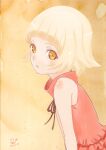  1girl blonde_hair blush dress huumoon kiss-shot_acerola-orion_heart-under-blade kizumonogatari looking_at_viewer monogatari_(series) parted_lips pink_dress short_hair signature sleeveless sleeveless_dress solo upper_body yellow_eyes 