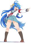  1girl :d ahoge aqua_sailor_collar aqua_skirt blue_hair brown_footwear cosplay full_body green_eyes hair_between_eyes hairband hand_on_hip highres izumi_konata kogaku_kazuya loafers long_hair looking_away lucky_star mole mole_under_eye outstretched_arm sailor_collar shoes simple_background skirt smile socks solo standing striped striped_legwear suzumiya_haruhi suzumiya_haruhi_(cosplay) suzumiya_haruhi_no_yuuutsu very_long_hair white_background yellow_hairband 