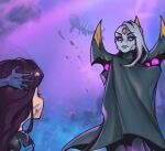  2girls bangs bel&#039;veth black_cape cape colored_skin extra_eyes facial_mark grey_hair grey_skin kai&#039;sa league_of_legends long_hair looking_at_another multiple_girls parted_lips phantom_ix_row pink_background pink_eyes purple_hair shiny shiny_hair slit_pupils sweatdrop teeth third_eye upper_body 