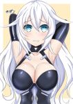  1girl armpits arms_behind_head black_choker black_gloves black_heart blue_eyes blush bodysuit breasts bustier choker cleavage clenched_teeth collarbone elbow_gloves embarrassed framed_image gloves hair_between_eyes halterneck highres large_breasts long_hair looking_at_viewer neptune_(series) power_symbol-shaped_pupils rangetsu shadow sidelocks signature simple_background solo teeth upper_body very_long_hair white_hair yellow_background 