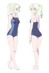  1girl ass blonde_hair blue_eyes blue_swimsuit blush breasts closed_mouth diana_cavendish eyebrows_visible_through_hair feet from_behind full_body highres little_witch_academia looking_at_viewer looking_back looking_to_the_side multiple_views ponytail satochi shoulder_blades simple_background small_breasts standing swimsuit white_background 