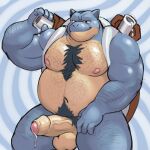  4_fingers absurd_res anthro balls barazoku bedroom_eyes bin_(artist) blastoise blue_body blue_scales bodily_fluids body_hair chest_hair dripping erection fingers foreskin genital_fluids genitals grin hi_res humanoid_genitalia humanoid_penis looking_at_viewer male moobs musclegut muscular muscular_male narrowed_eyes navel nintendo nipples penis pok&eacute;mon pok&eacute;mon_(species) precum precum_drip pubes raised_arm scales seductive shell smile solo tan_body tan_scales thick_thighs vein veiny_penis video_games 