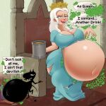  1:1 2022 afraart anthro bean_(disenchantment) belly big_belly big_breasts black_body breasts buckteeth burping chair cigarette cleavage clothed clothing crown demon dialogue digestion disenchantment_(series) dress duo english_text fangs female furniture hair half-closed_eyes hi_res holding_cigarette holding_mug holding_object horn human hyper hyper_belly looking_at_another luci_(disenchantment) male mammal mug narrowed_eyes navel netflix nude one_leg_up open_mouth raised_leg sharp_horn smoke spade_tail speech_bubble teeth text throne tongue torn_clothing white_hair 