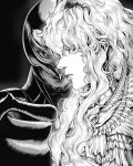  1boy armor berserk closed_mouth eyebrows_visible_through_hair eyelashes femto_(berserk) greyscale griffith_(berserk) hatching_(texture) helmet highres long_eyelashes long_hair male_focus mask messy_hair monochrome pauldrons profile shoulder_armor slit_pupils solo tsukkise upper_body 